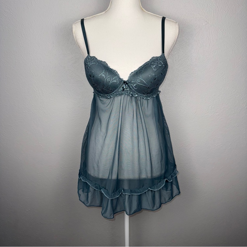 Babydoll Lingerie Chemise Small Blue Green Sheer Ruffle Push-Up Sexy Coquette